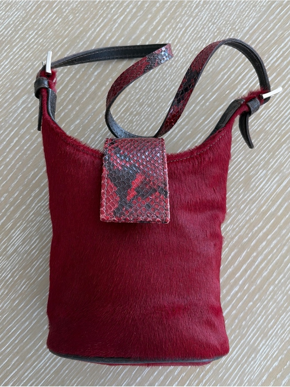 Donald J Liner evening bag burgundy pony hair python leather small adjustable
